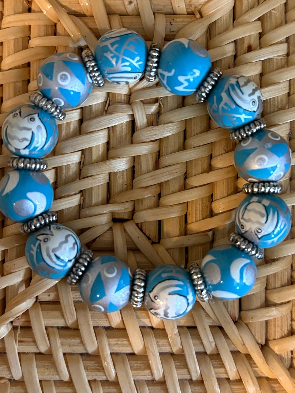 Angela Moore Hand Painted Blue, White and Silver Owl Bead Stretch Bracelet